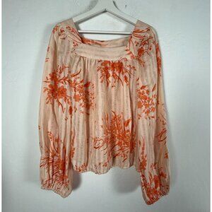 Joie Cadby Womens Linen Blouse Medium Floral Sunset Square Neck Balloon Sleeve